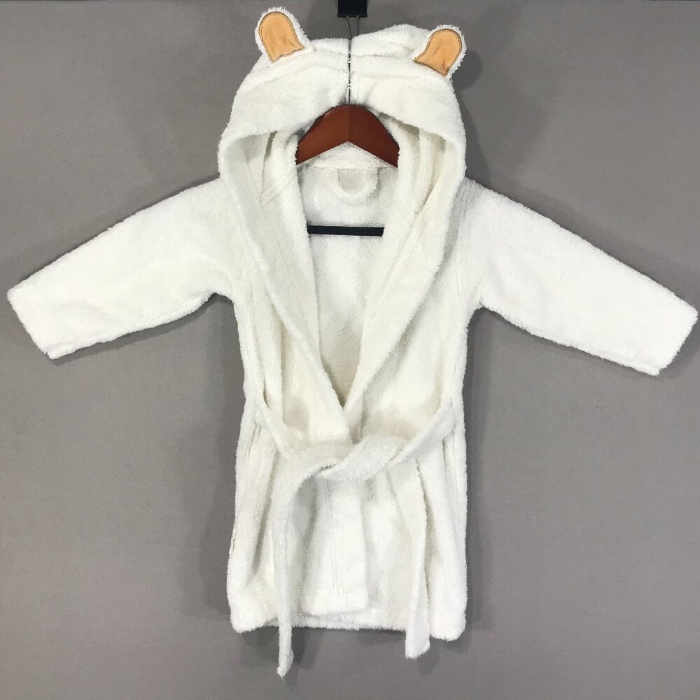 Natemia Bath Robe Toddlers 2Y-3Y White Towel Hooded Tie LS Organic Bamboo Cotton